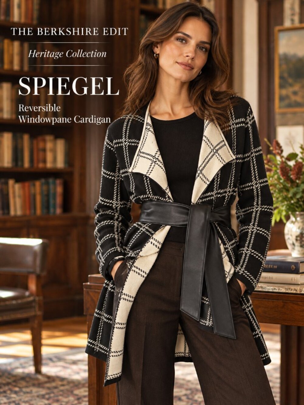 Spiegel Reversible Belted Windowpane Plaid Duster Cardigan Black Ivory L
